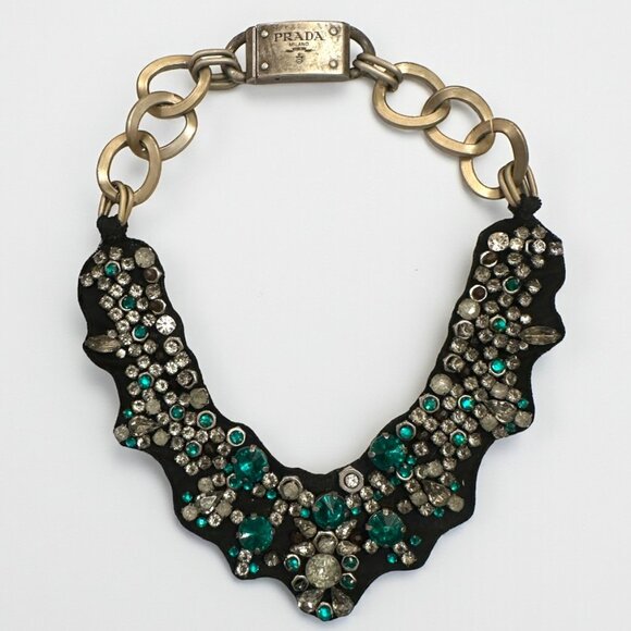Prada Chunky Chain Necklace | Emerald & Clear Crystals | Logo Clasp - Picture 1 of 4